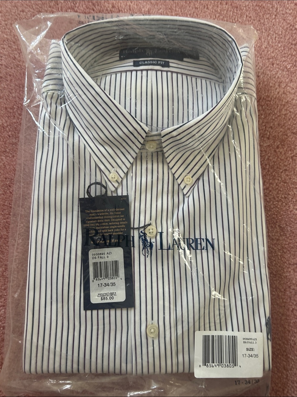 Ralph Lauren Men's White Shirt with Navy Pinstripes